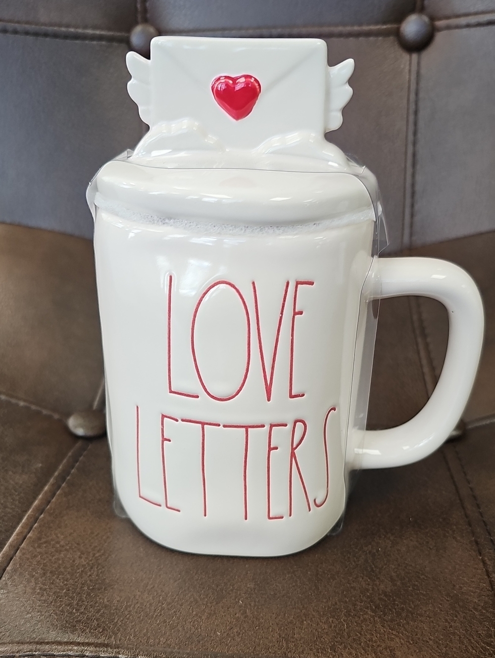 Rae Dunn White Ceramic 'LOVE LETTERS' Mug with Red Lettering and Heart Lid. NWT